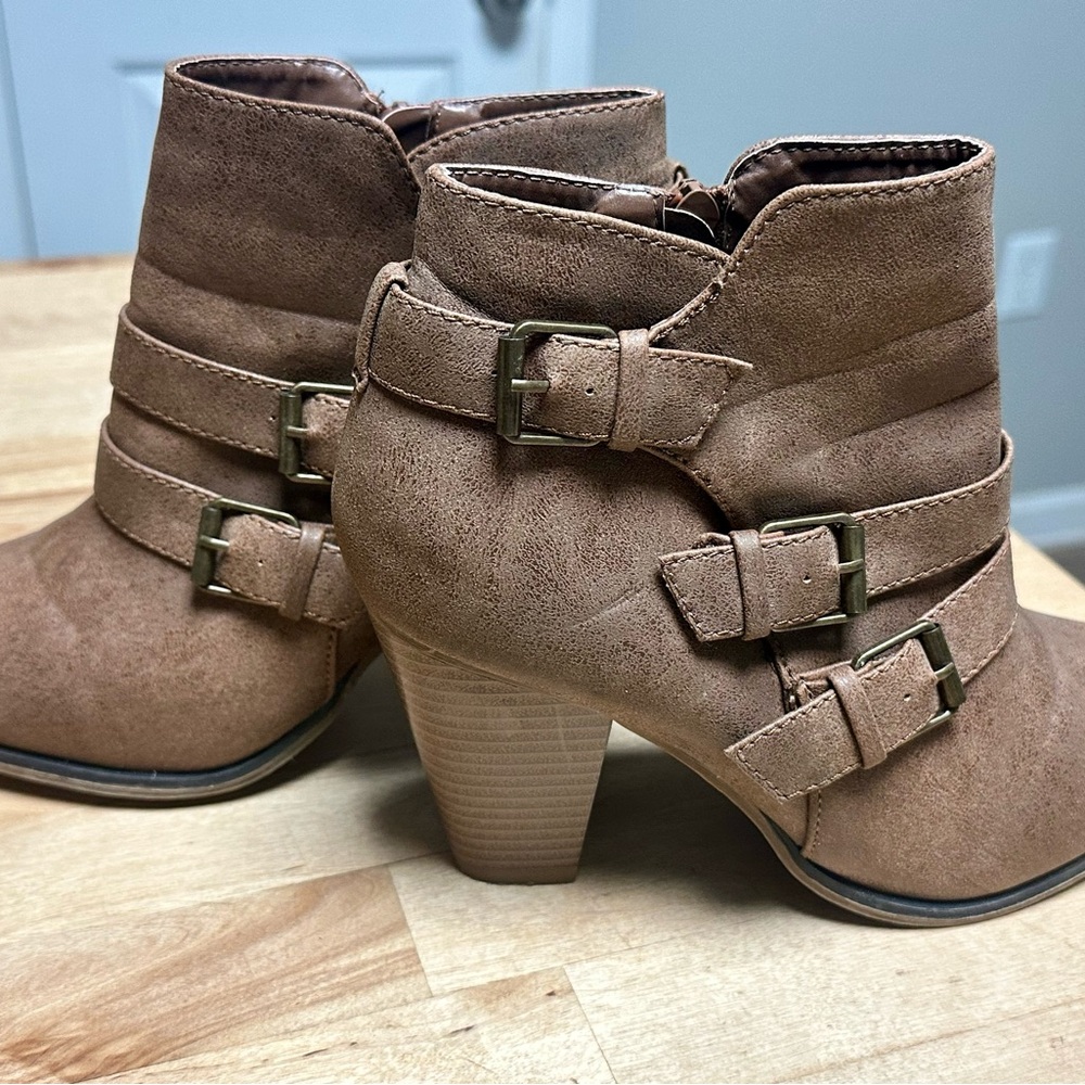 Forever Link Tan Triple Buckle Ankle Boots